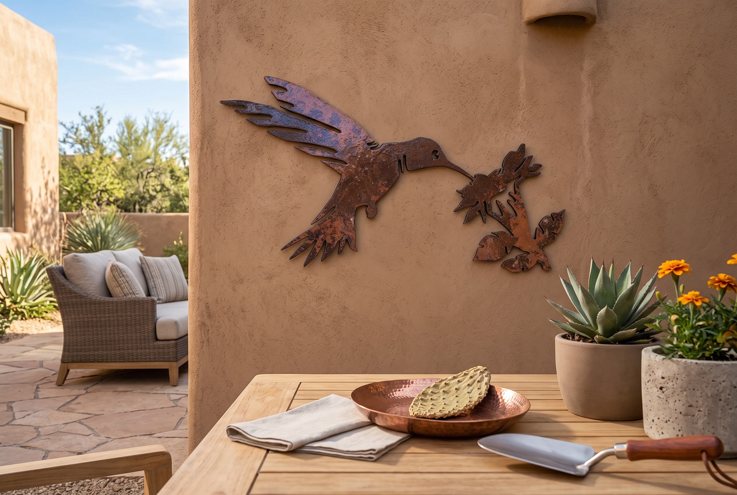 Rusted Steel Hummingbird With Flower Wall Art