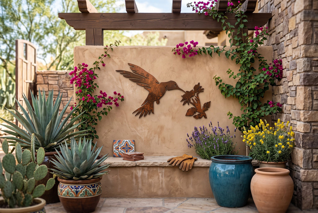 Rusted Steel Hummingbird With Flower Wall Art