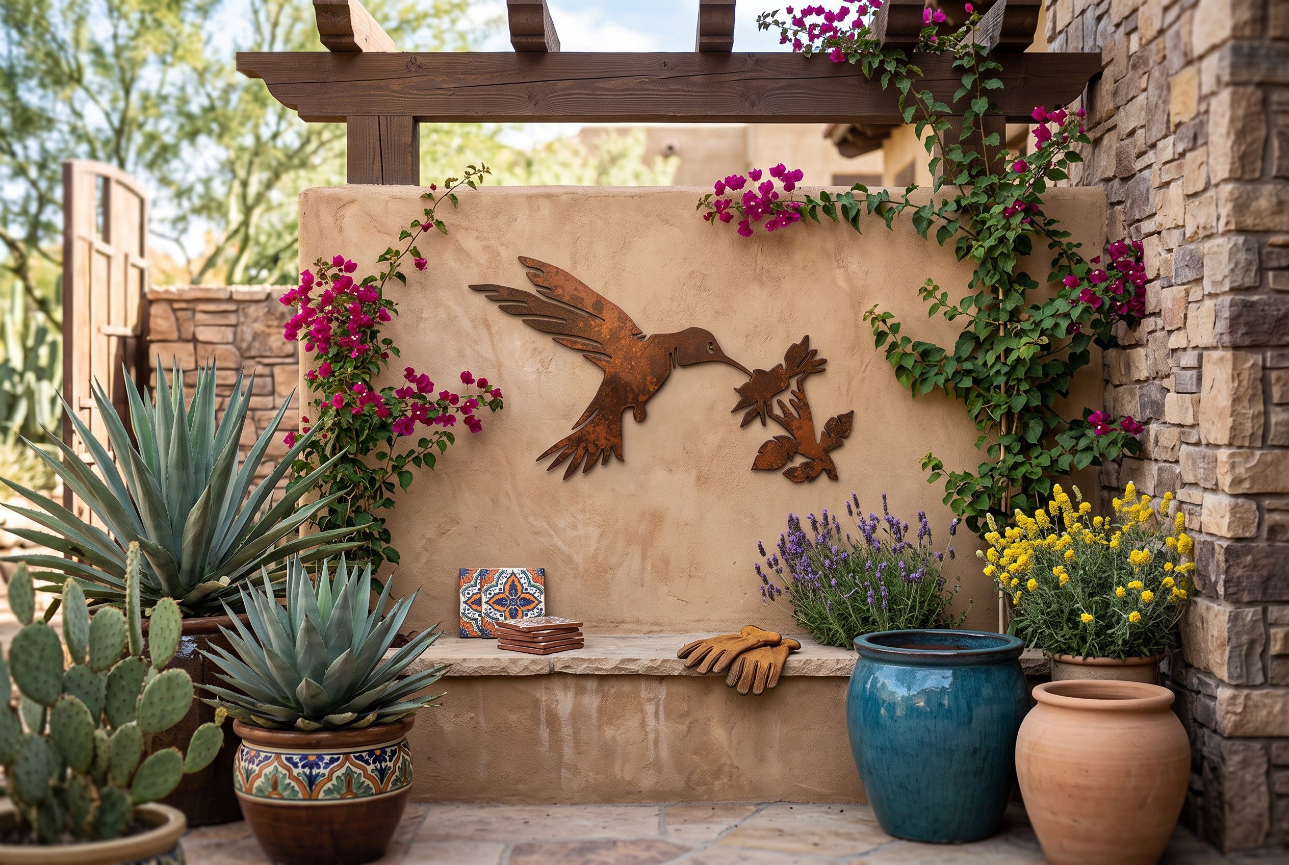 Rusted Steel Hummingbird With Flower Wall Art