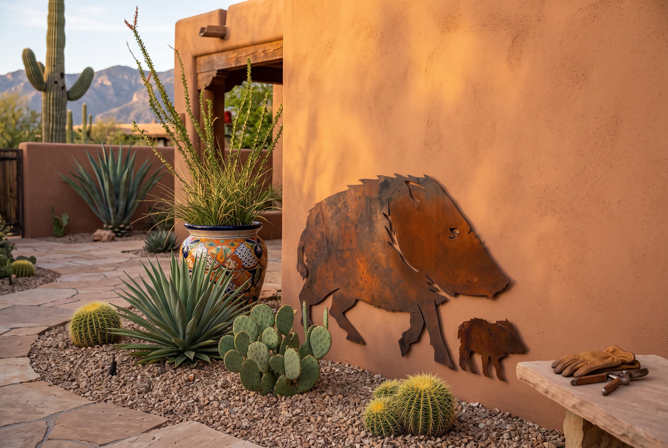 Rusted Steel Javelina and Baby Wall Art