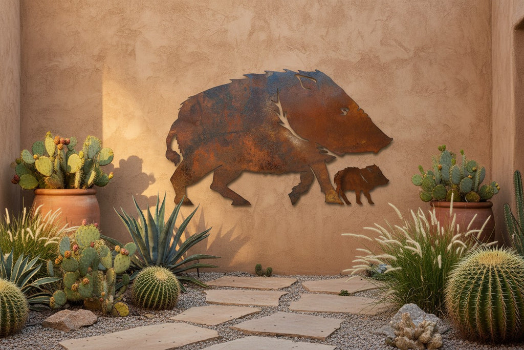 Rusted Steel Javelina and Baby Wall Art