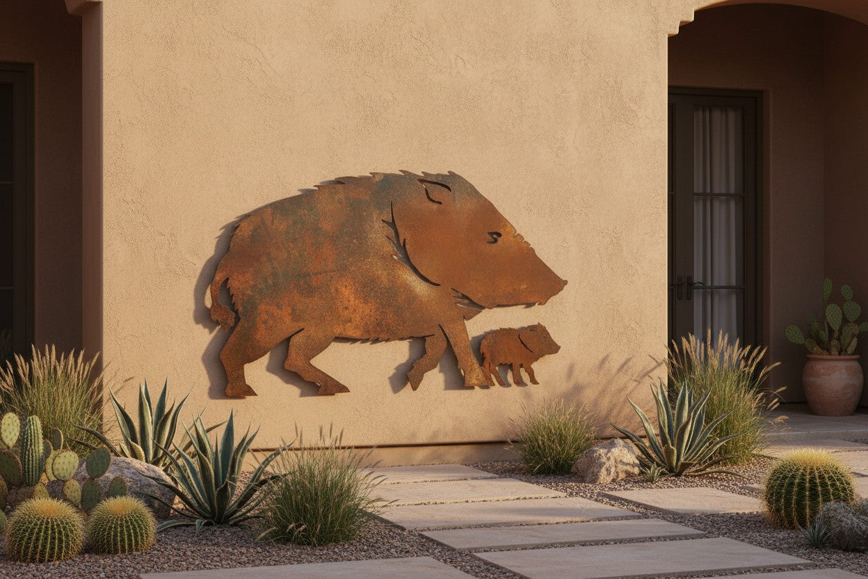 Rusted Steel Javelina and Baby Wall Art