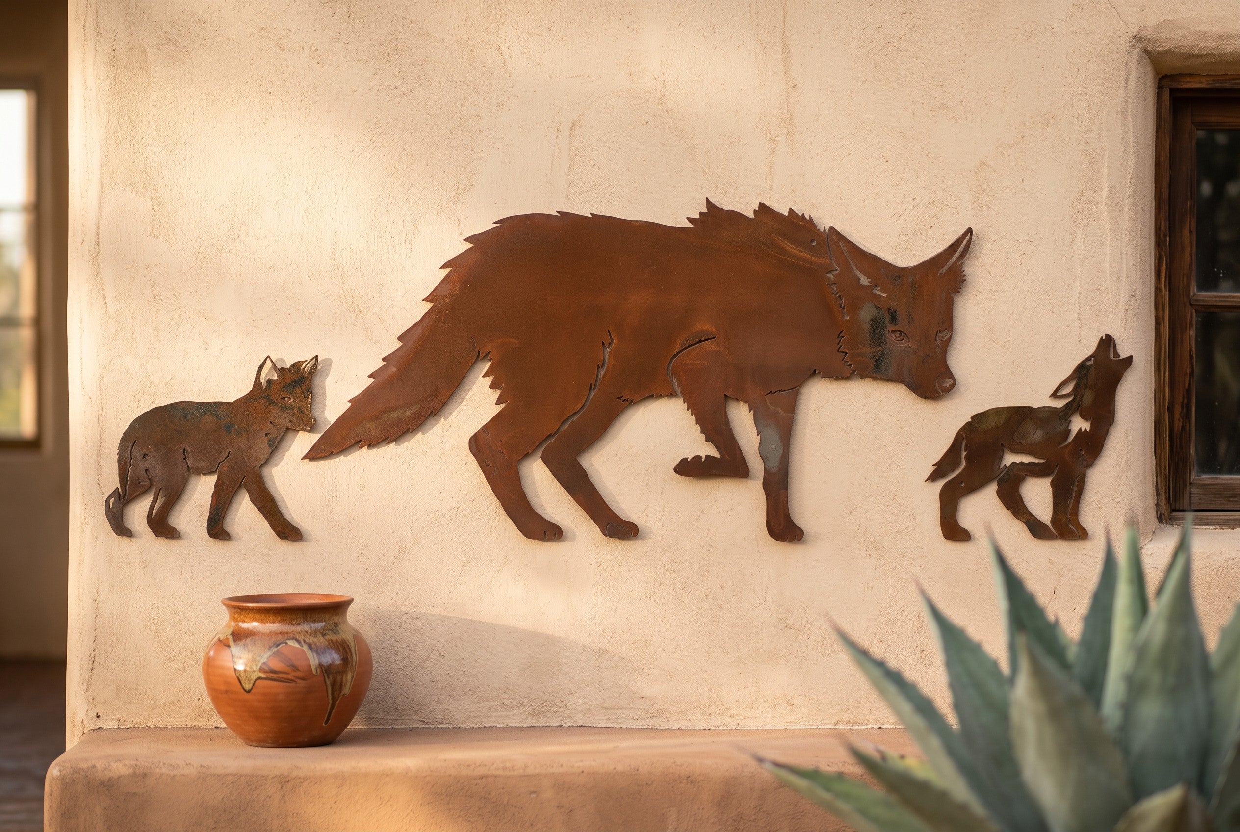 Rusted Steel Coyote Family Wall Art