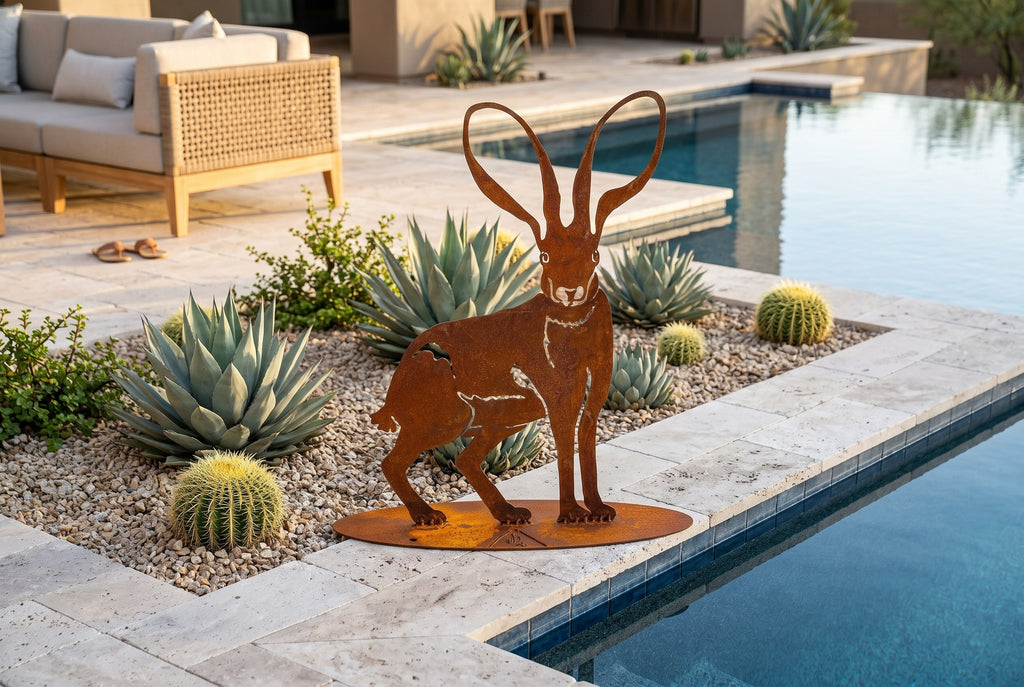 Rusted steel jackrabbit sculpture, freestanding