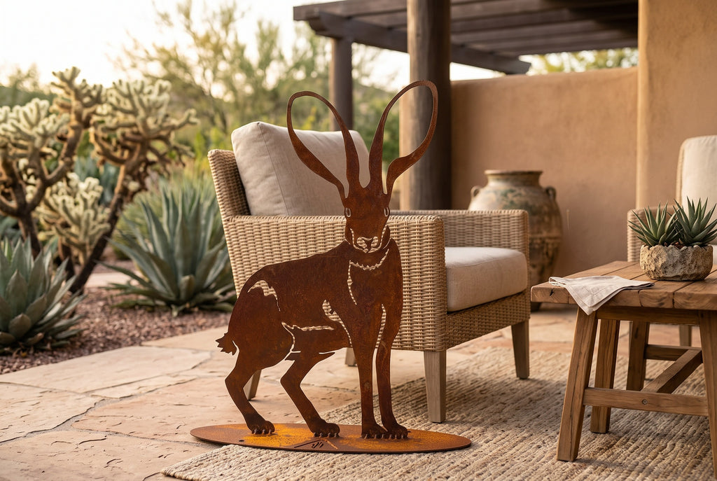Rusted steel jackrabbit sculpture, freestanding