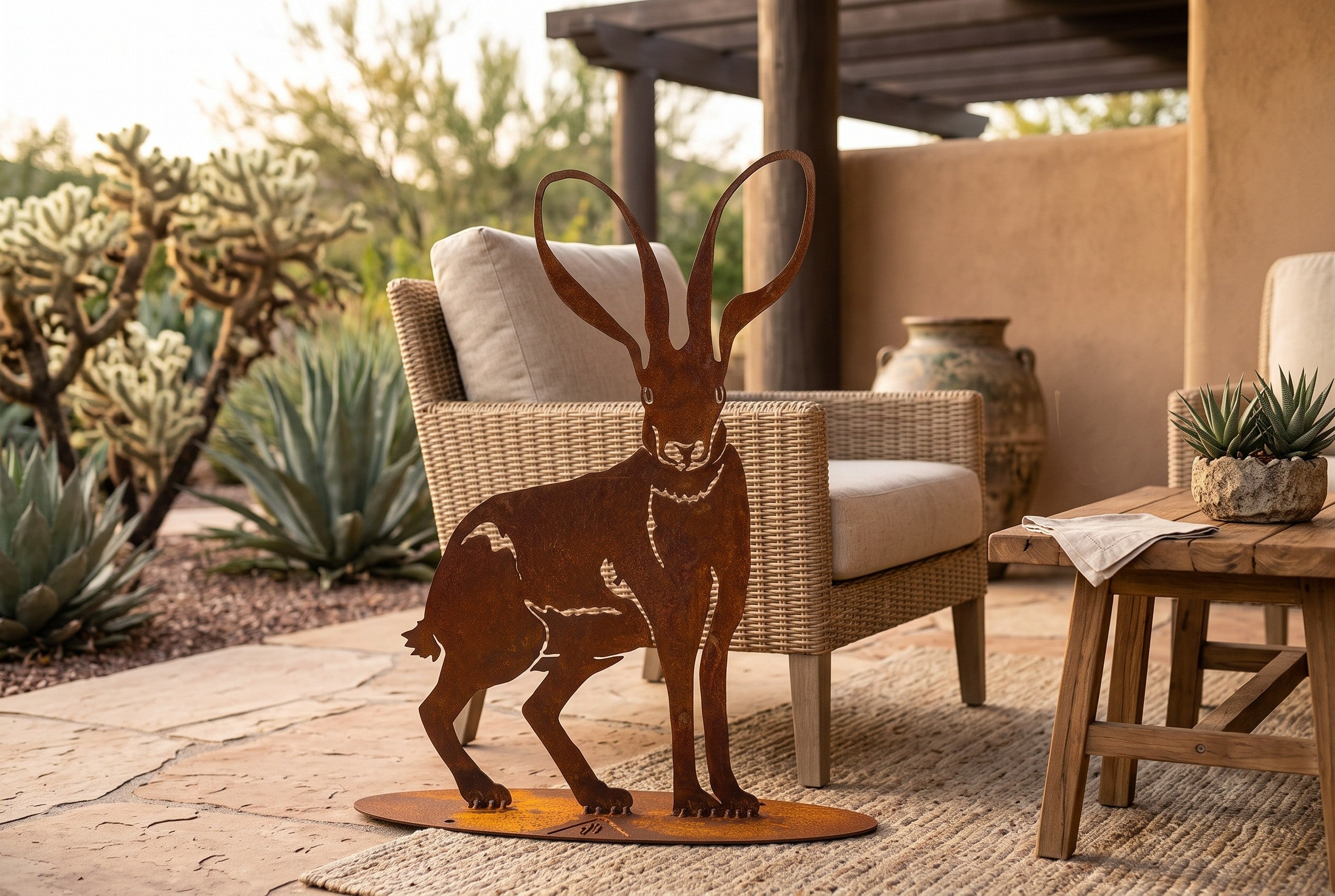 Rusted steel jackrabbit sculpture, freestanding