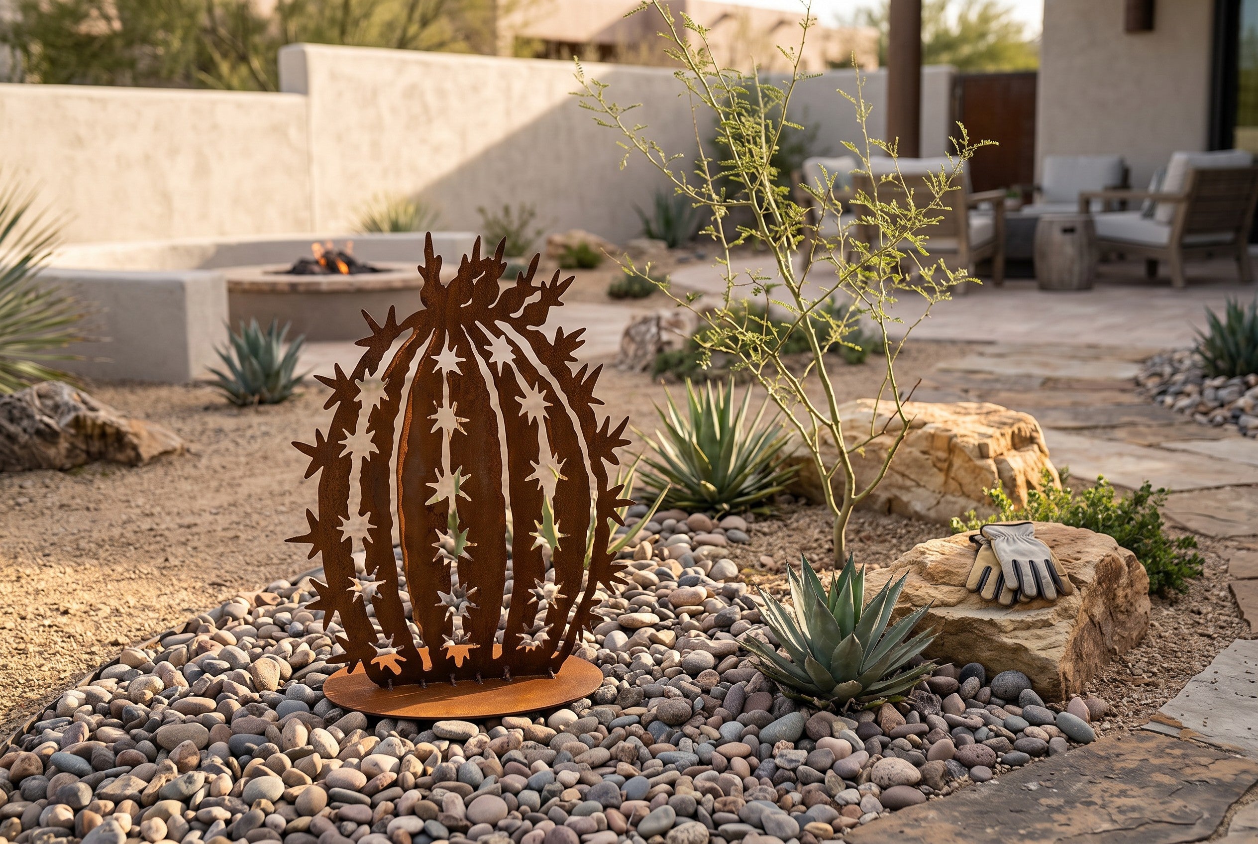 Rusted Steel Barrel Cactus Sculpture