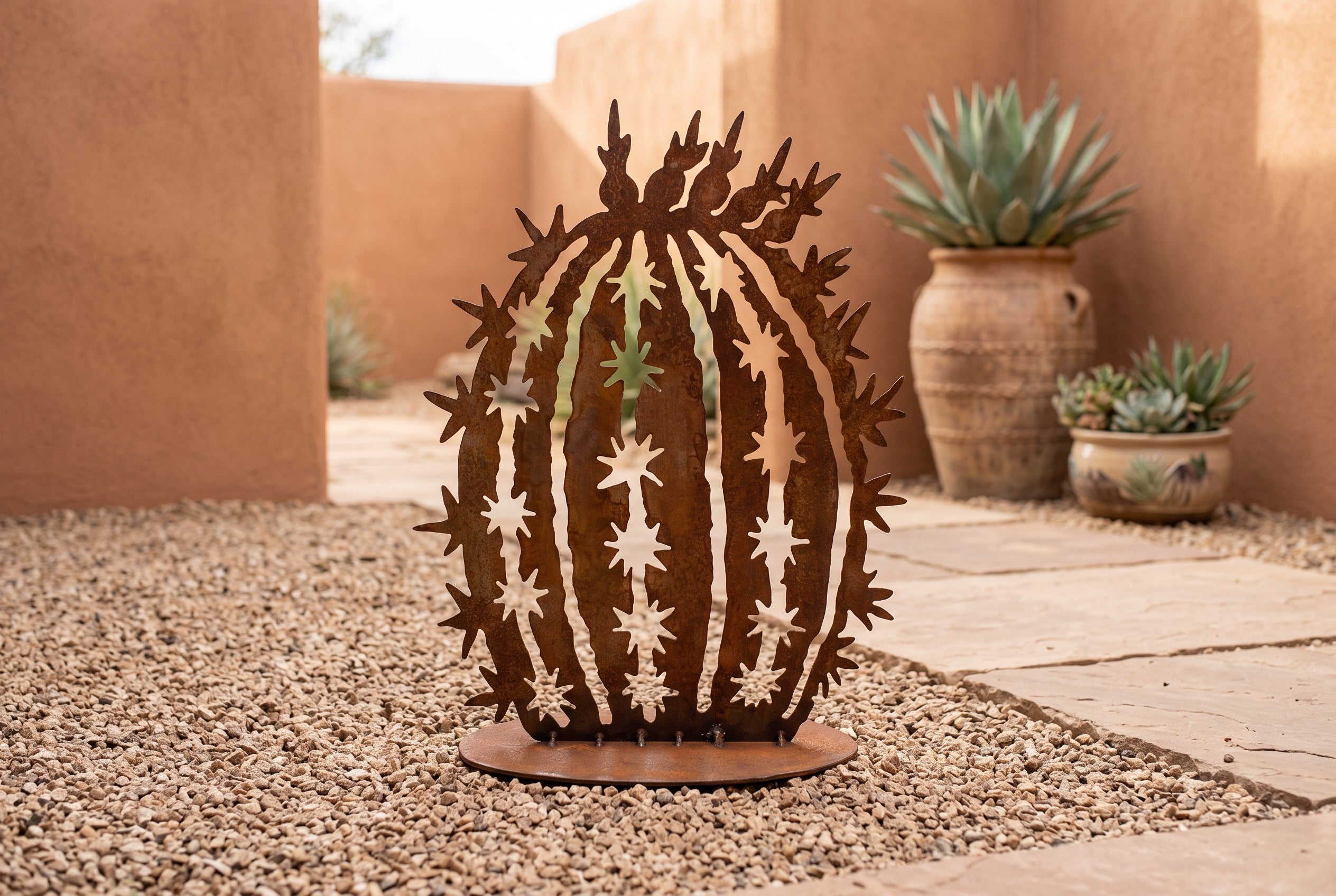 Rusted steel barrel cactus sculpture, freestanding