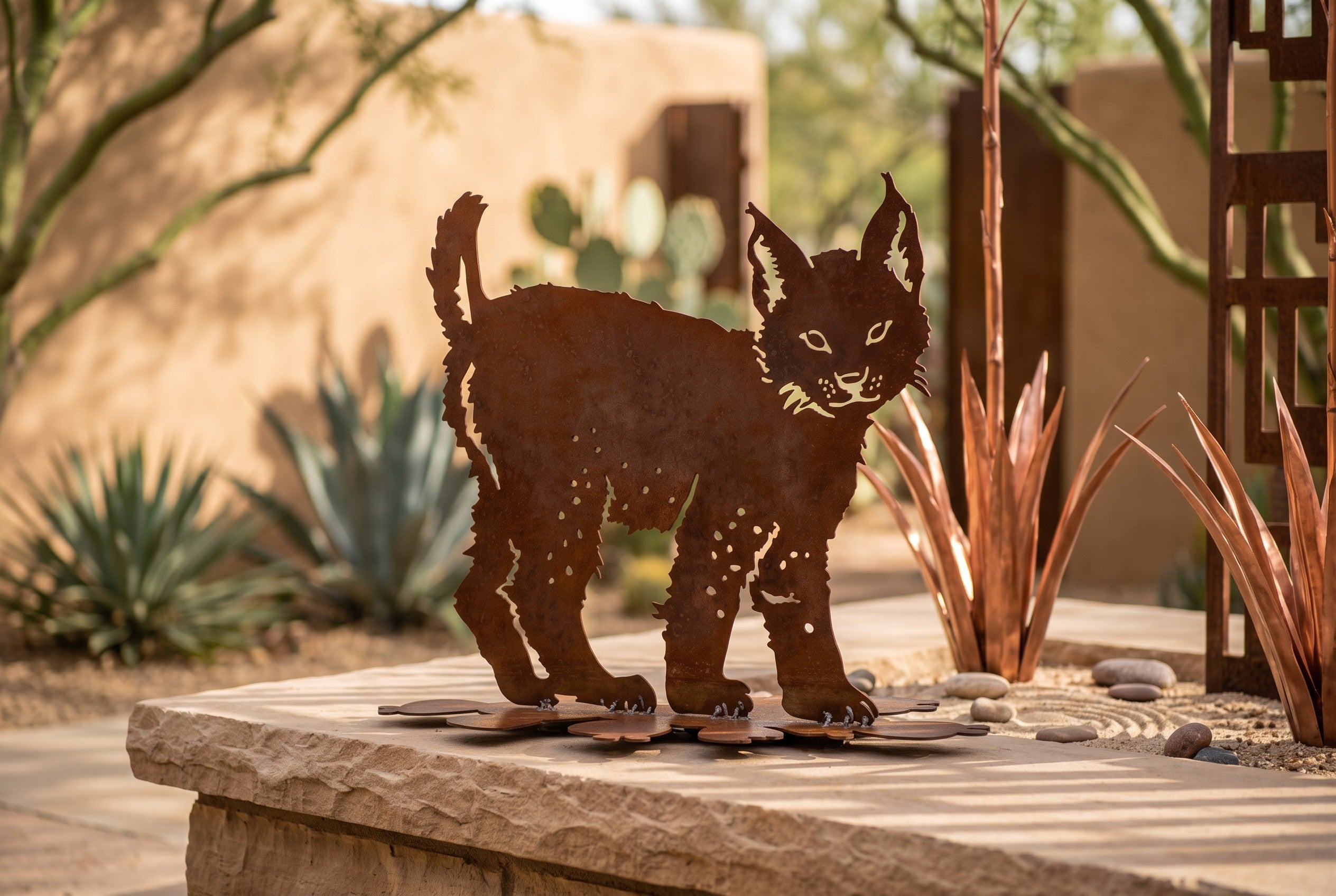 Rusted Steel Bobcat Kitten Sculpture