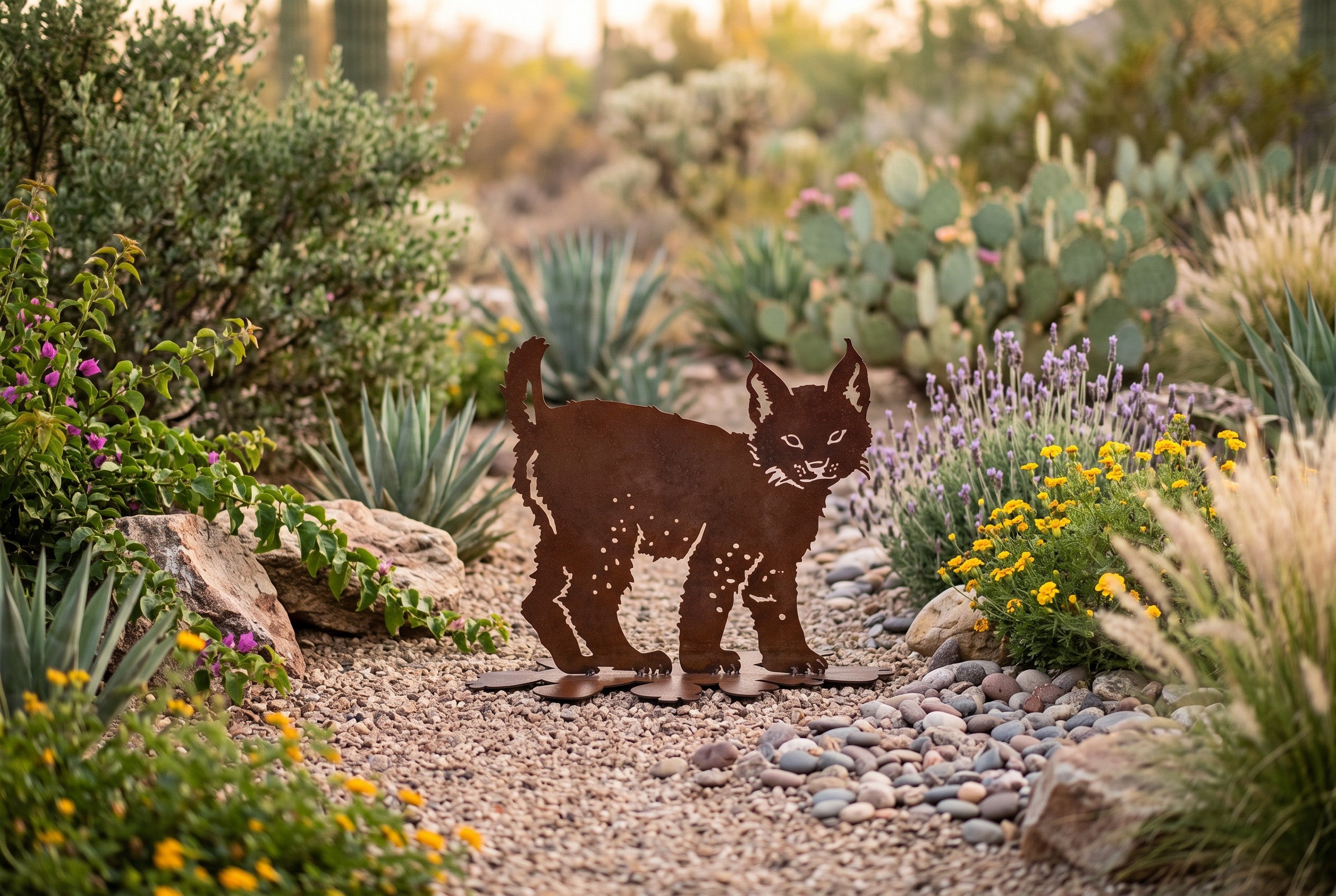 Rusted steel bobcat kitten sculpture, freestanding