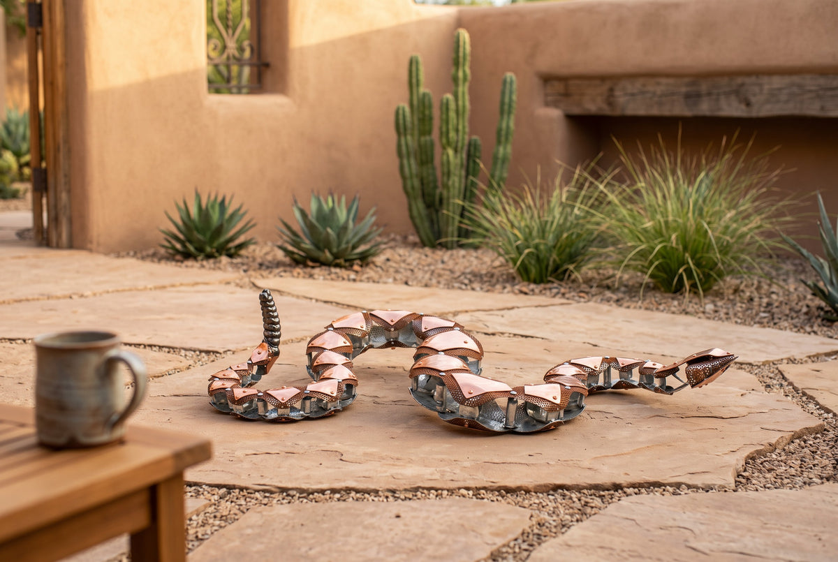 Handmade Articulated Diamondback Rattlesnake Sculpture by The Rusted Desert