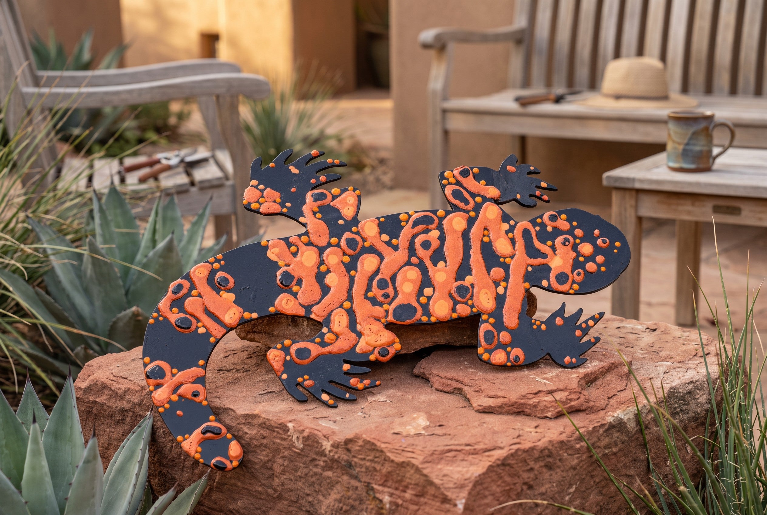 Hand-painted steel Gila monster sculpture
