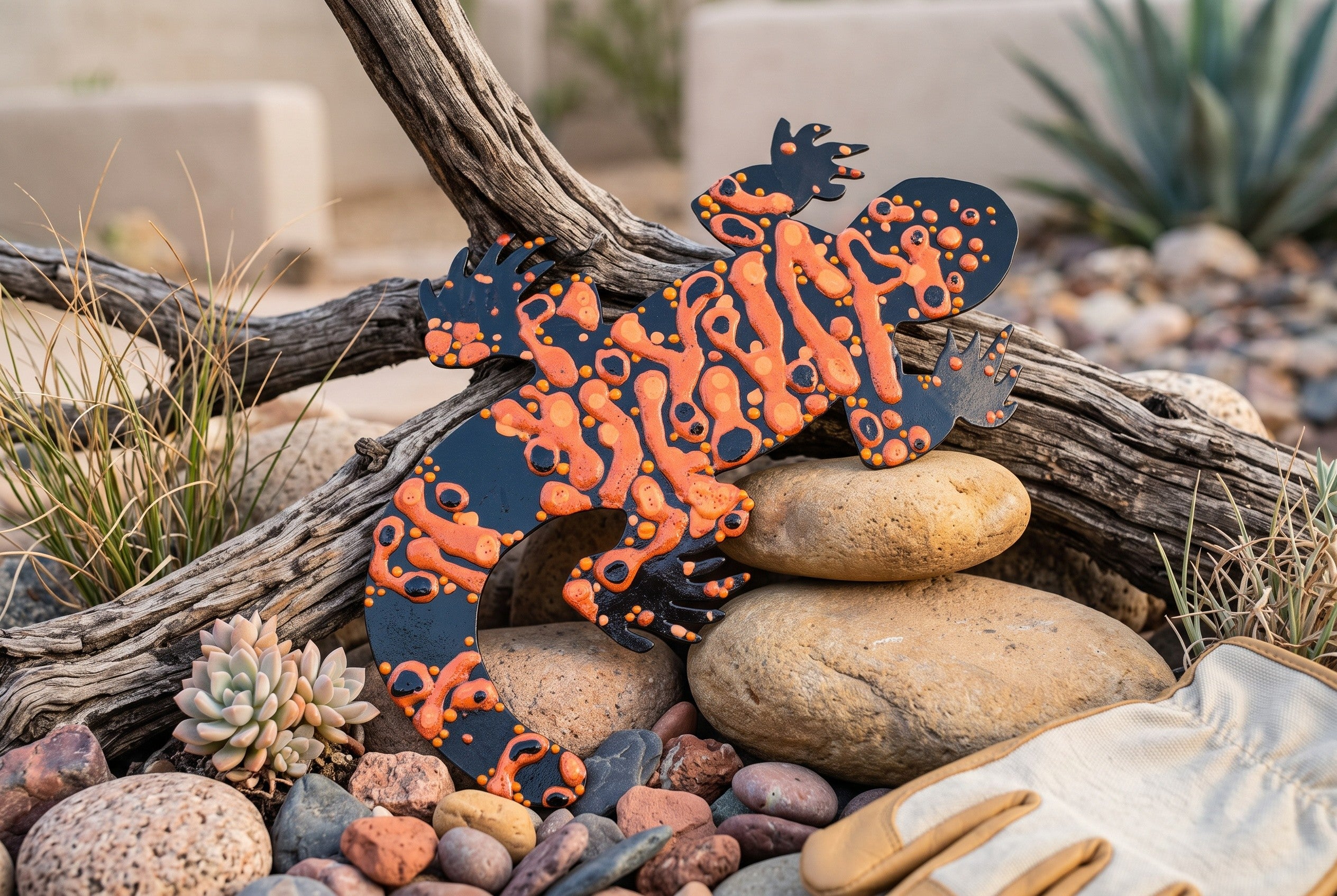 Hand-painted steel Gila monster sculpture