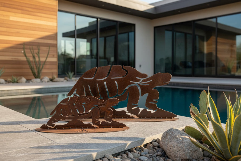 Rusted iron desert tortoise sculpture, parent and baby