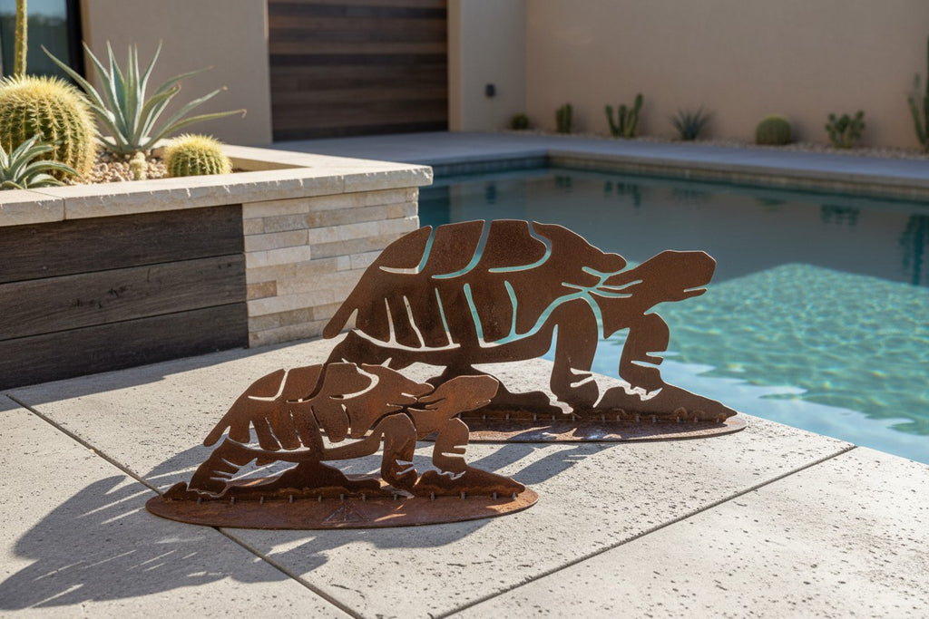 Rusted iron desert tortoise sculpture, parent and baby