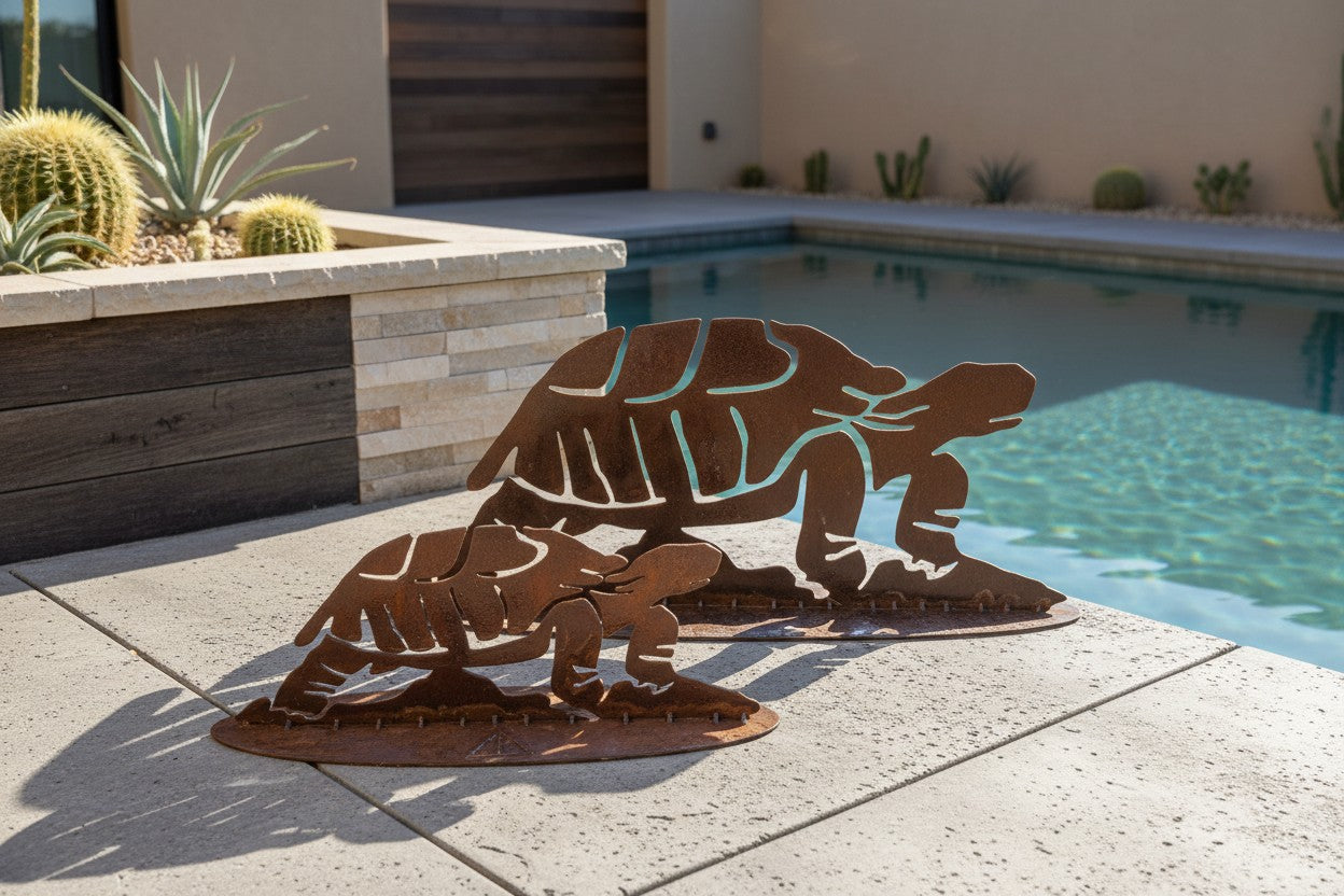 Rusted iron desert tortoise sculpture, parent and baby