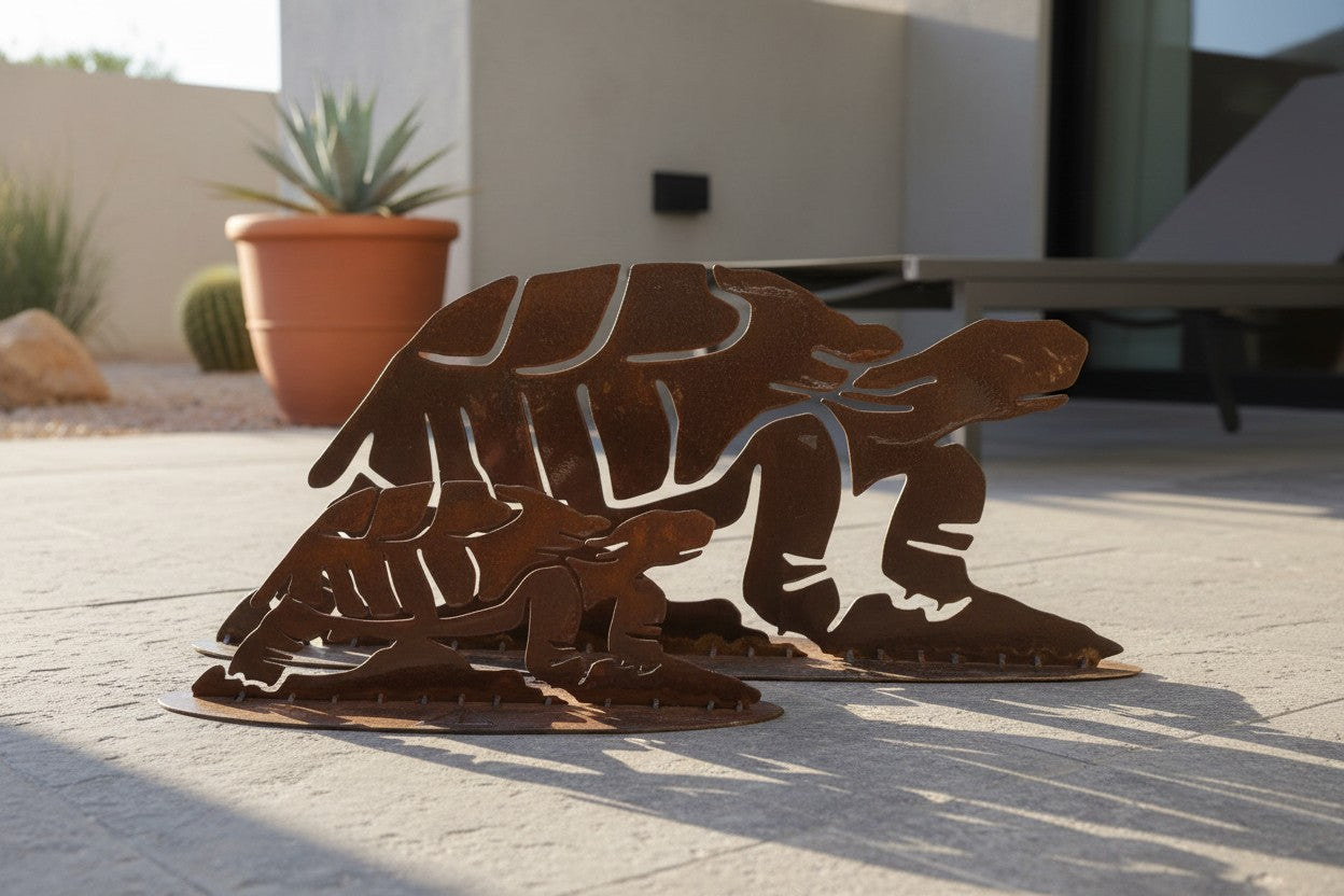 Rusted iron desert tortoise sculpture, parent and baby