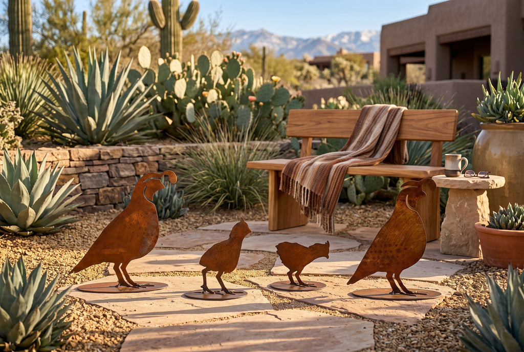 Freestanding rusted steel quail family sculpture set, separate bases