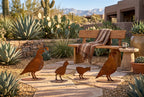 Freestanding rusted steel quail family sculpture set, separate bases