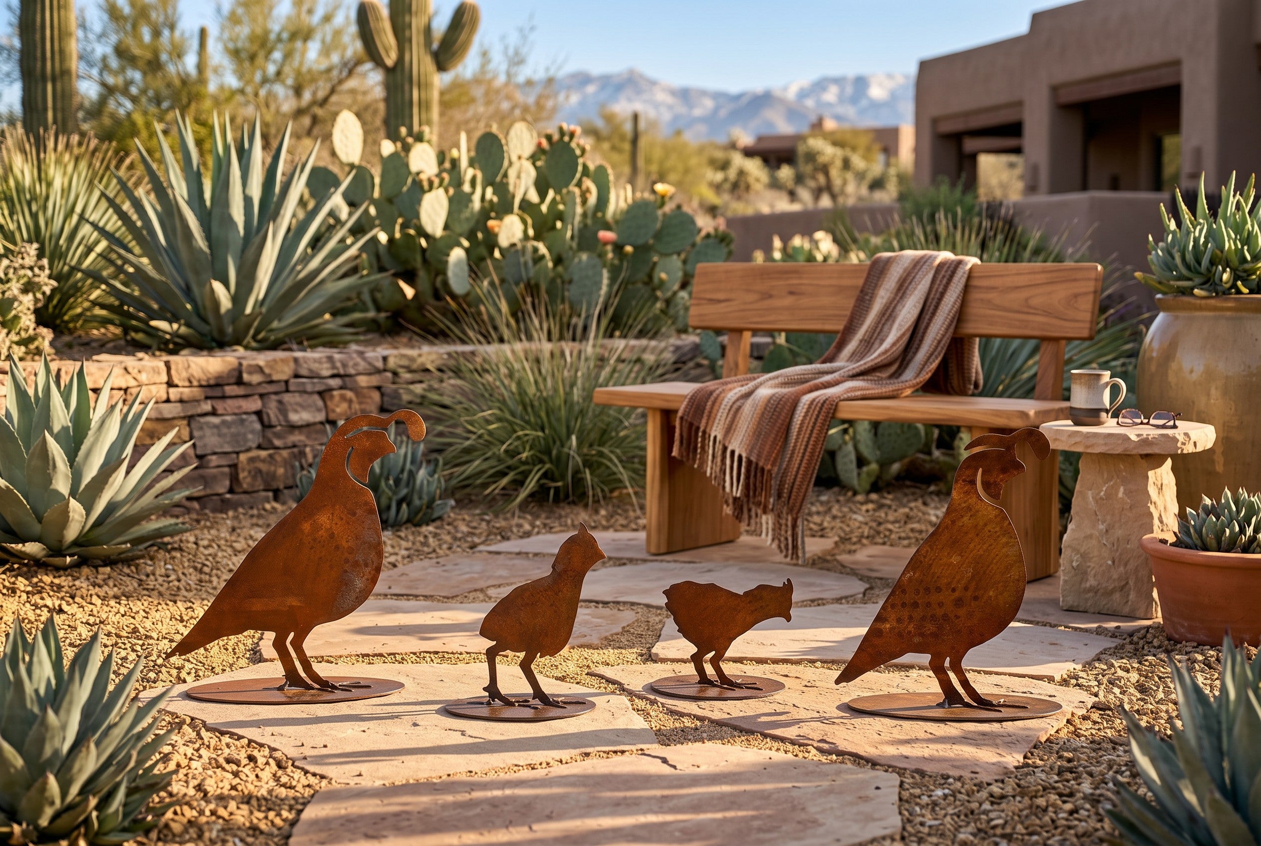 Freestanding rusted steel quail family sculpture set, separate bases