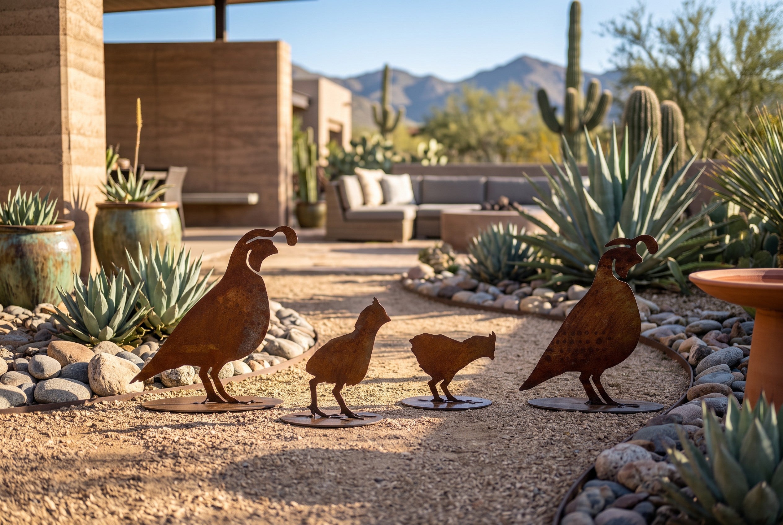 Freestanding rusted steel quail family sculpture set, separate bases