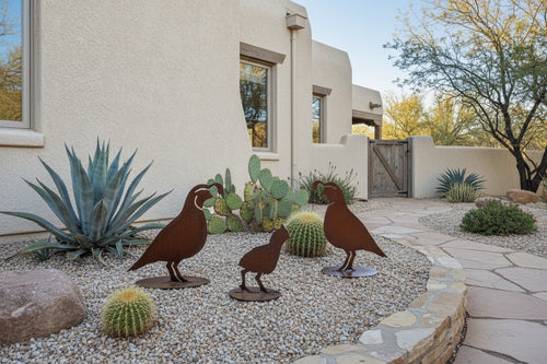 Freestanding rusted steel quail family sculpture set, separate bases