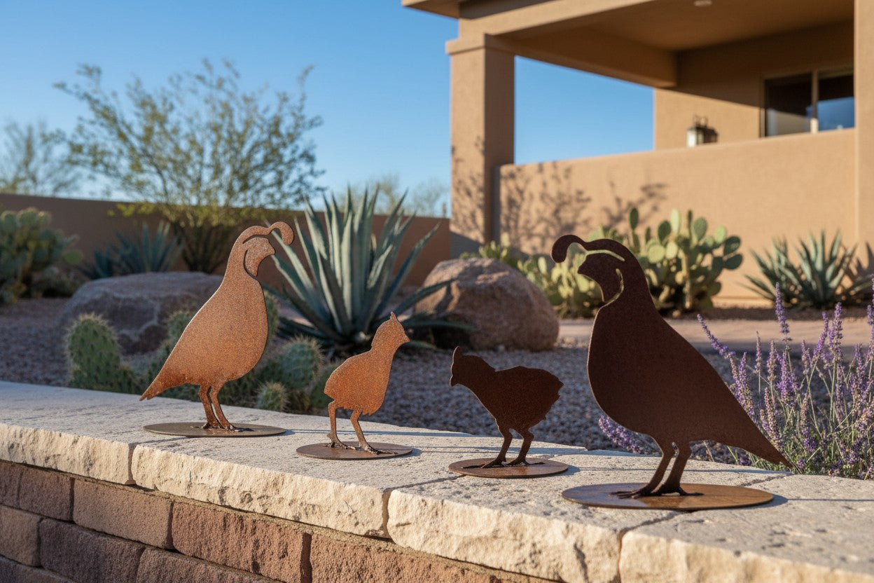 Freestanding rusted steel quail family sculpture set, separate bases