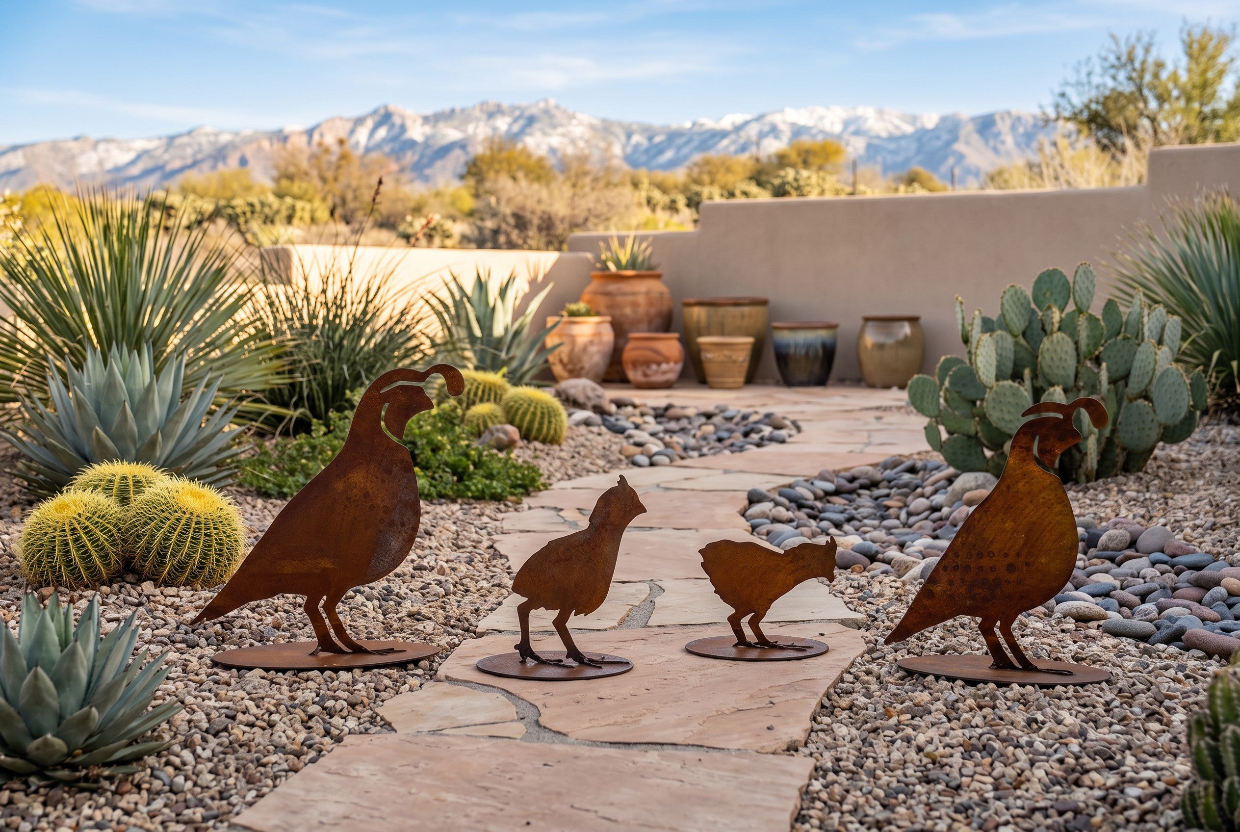 Freestanding rusted steel quail family sculpture set, separate bases