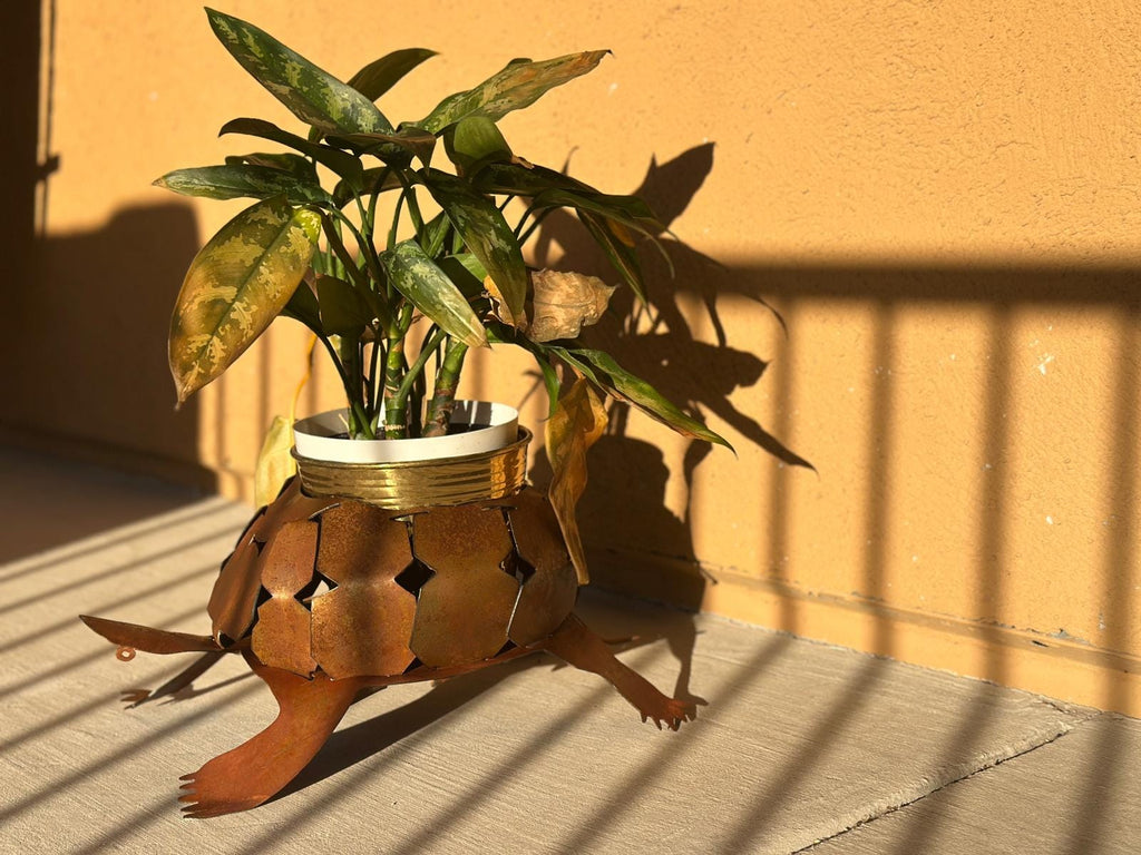 Rusted steel desert tortoise planter holder, additional view