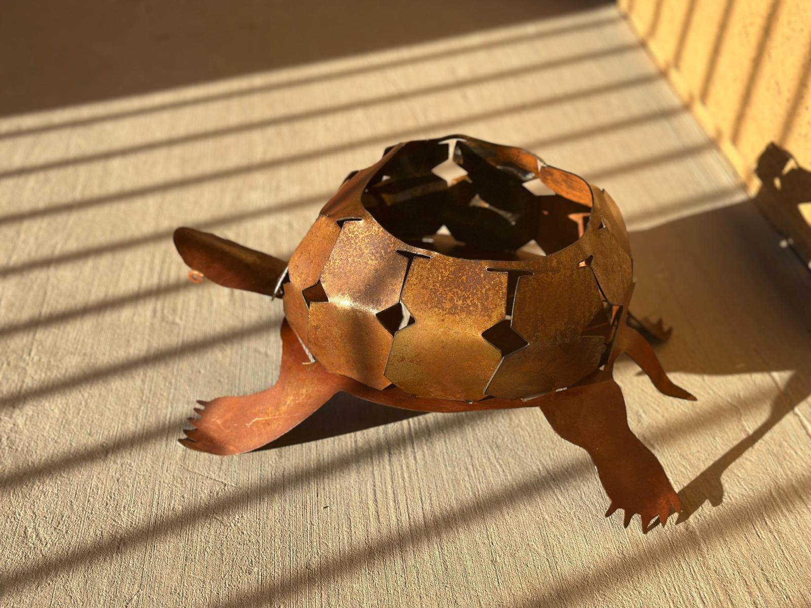 Rusted steel desert tortoise planter holder, additional view
