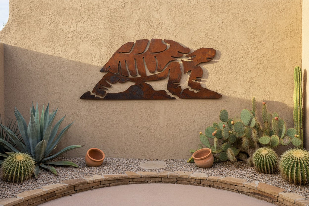 Rusted steel desert tortoise wall art in an alternate setting