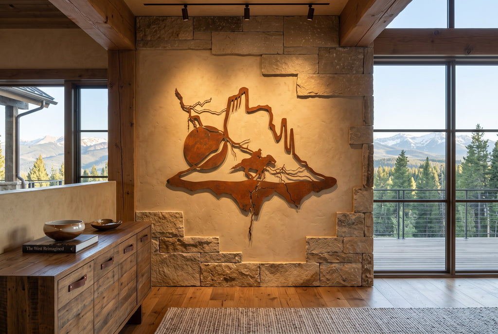 Rusted steel cowboy canyon wall art in an alternate setting