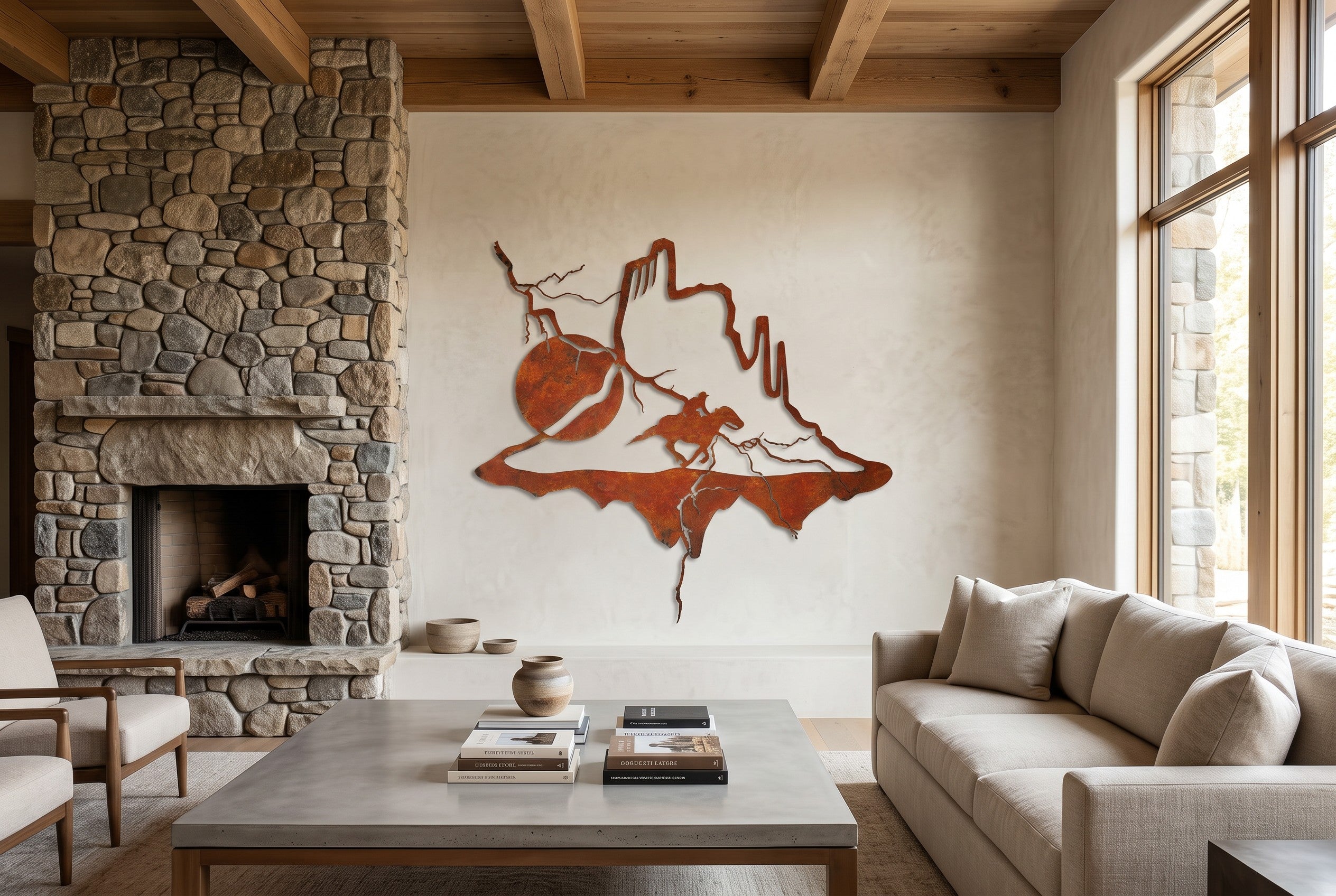 Rusted steel cowboy canyon wall art on a patio wall