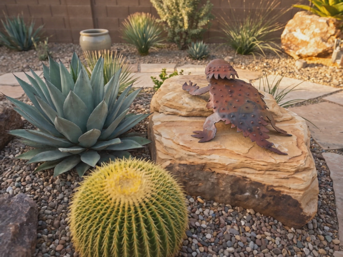 Video of the rusted steel horned lizard sculpture in a desert courtyard setting