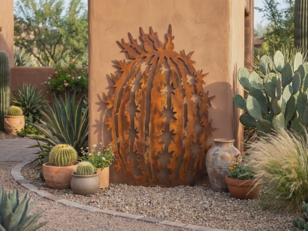 Rusted Steel Barrel Cactus Sculpture