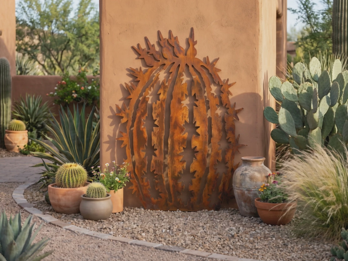 Rusted Steel Barrel Cactus Sculpture