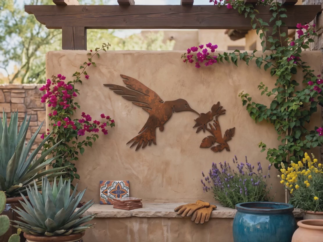 Rusted Steel Hummingbird With Flower Wall Art
