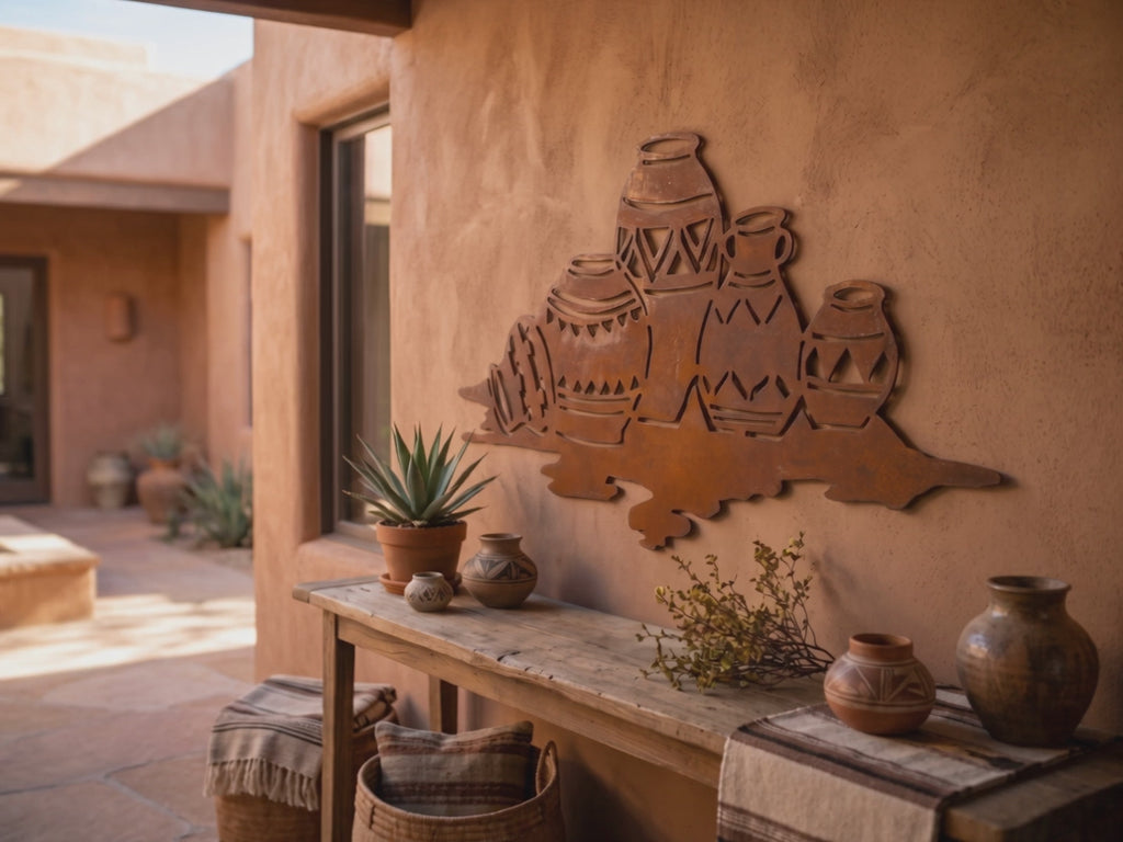 Video of the rusted steel Southwest pottery wall art displayed on a patio wall