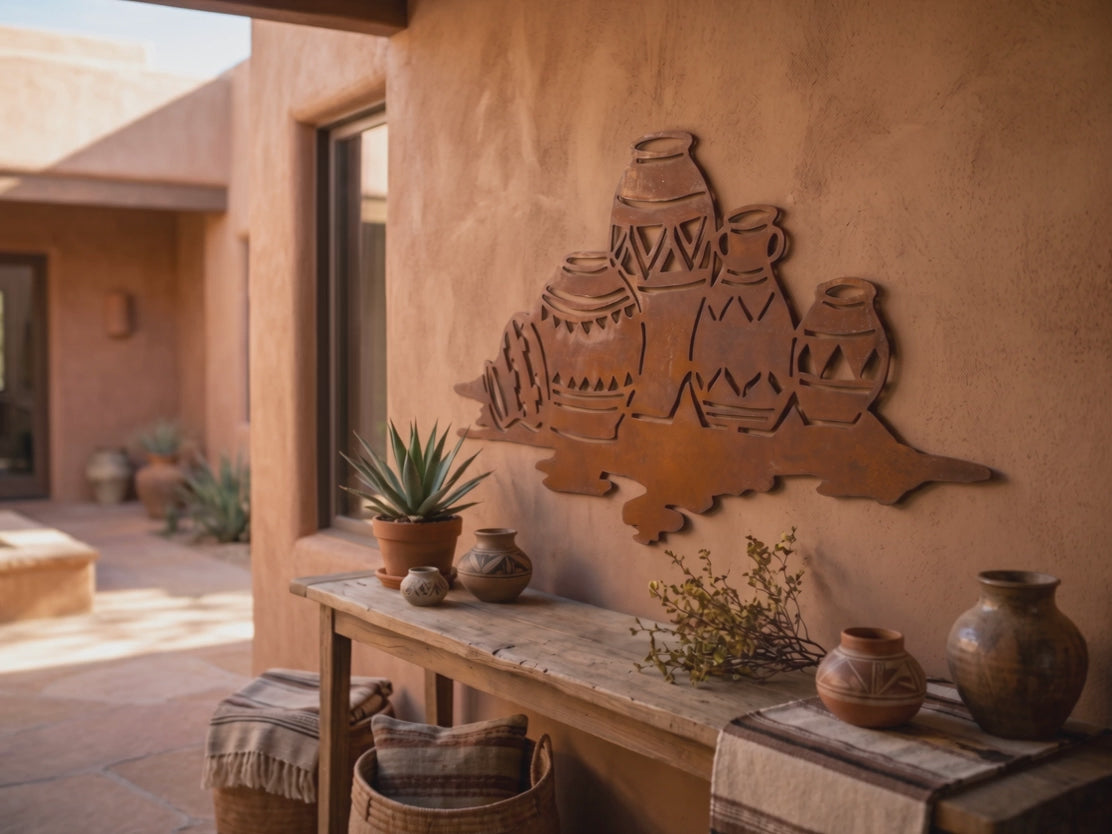 Video of the rusted steel Southwest pottery wall art displayed on a patio wall
