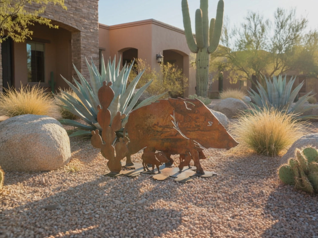 Rusted Steel Javelina Family Sculpture