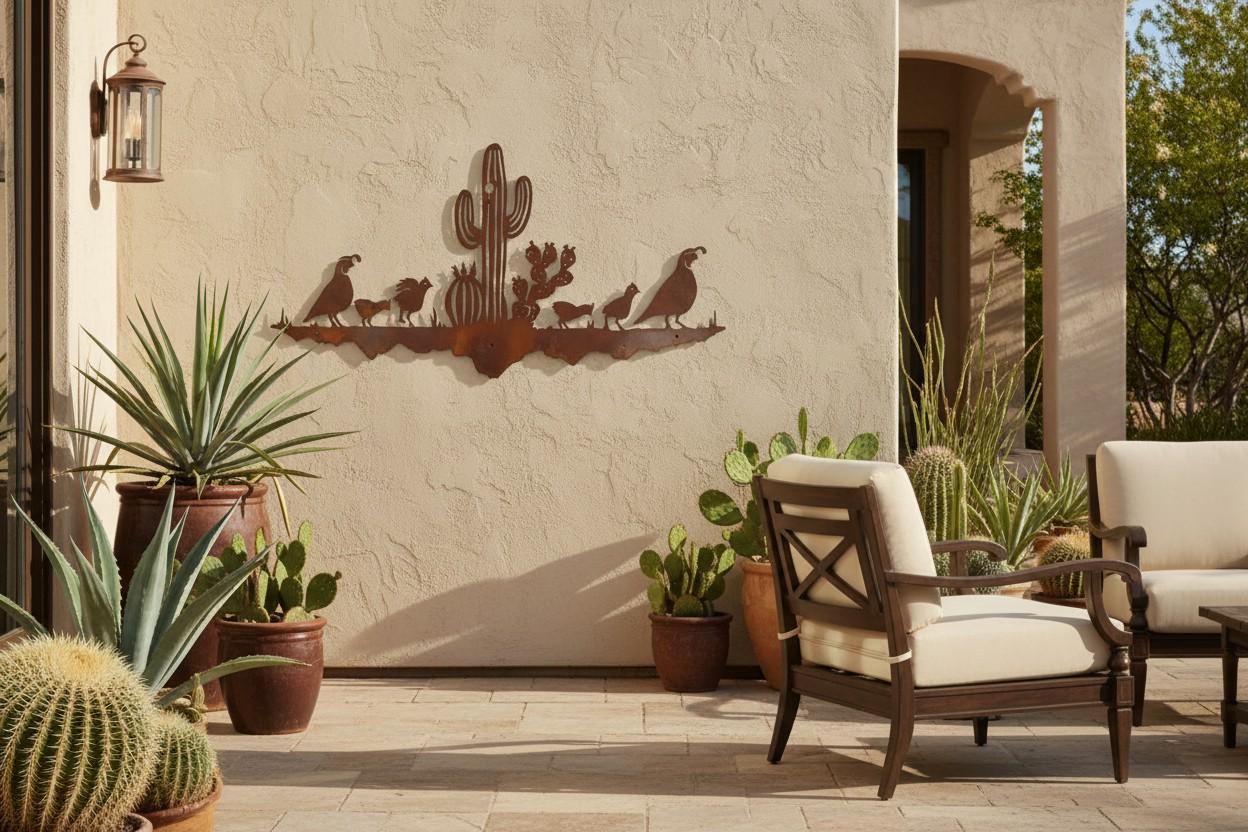 Rusted steel quail family and saguaro wall art (alternate view)