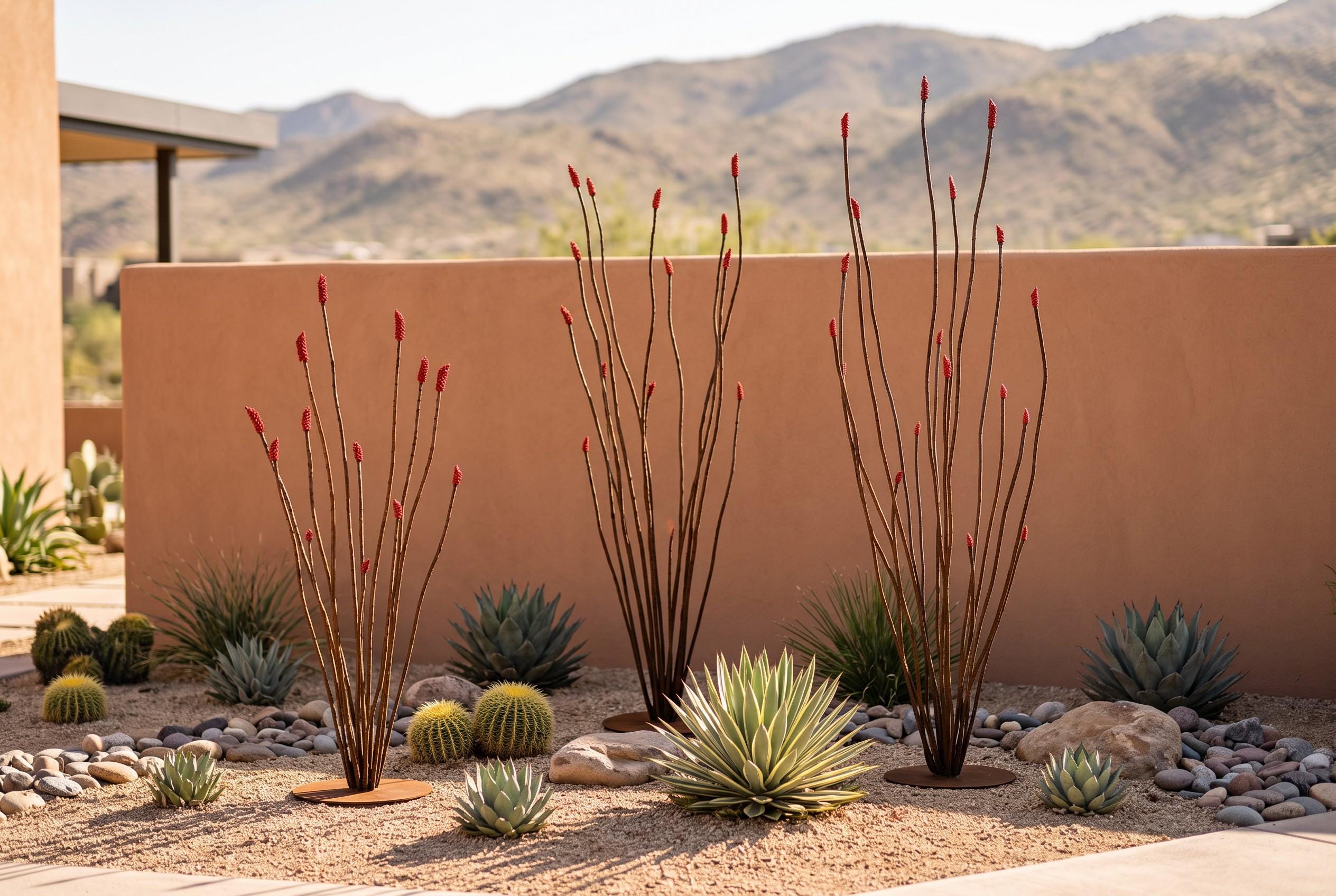 Freestanding Sculpture collection - rusted steel ocotillo sculptures in a desert landscape